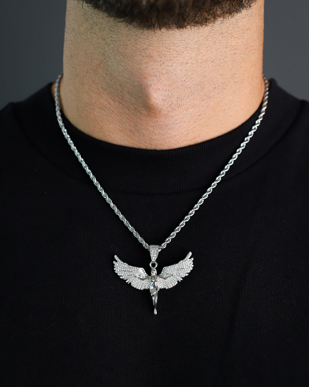 ICED ANGEL WINGS PENDANT. - WHITE GOLD