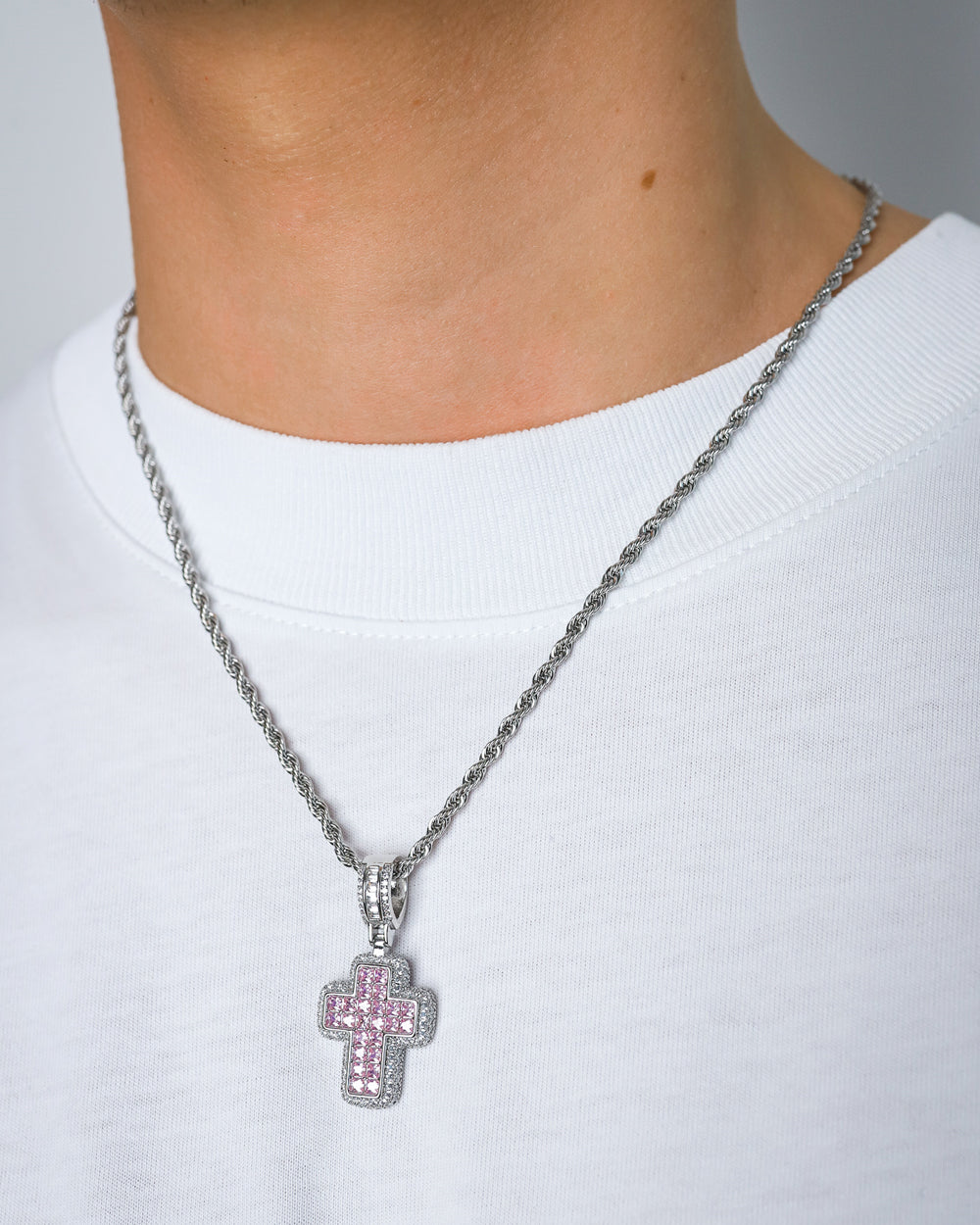 ICED PINK CROSS PENDANT. - WHITE GOLD