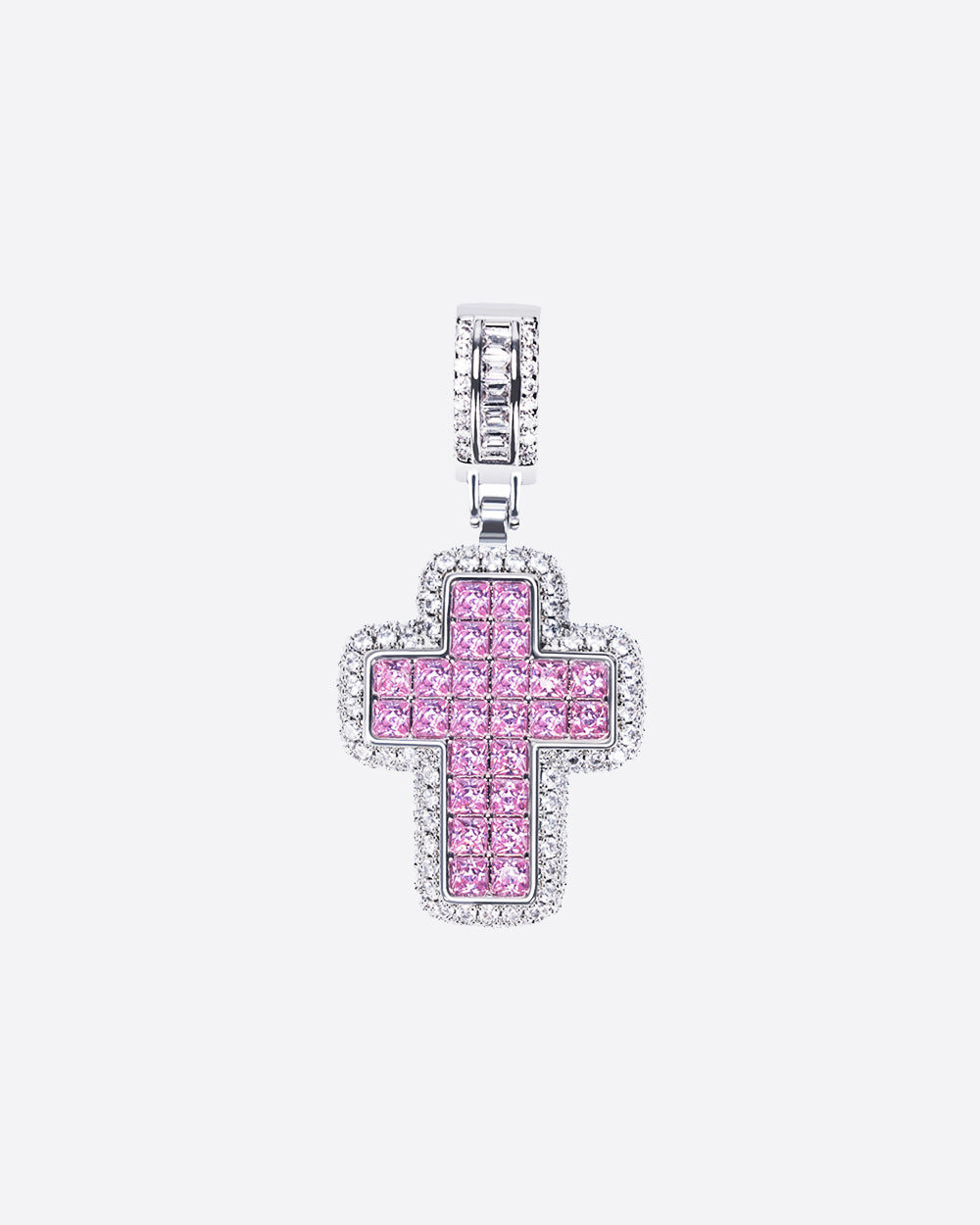 ICED PINK CROSS PENDANT. - WHITE GOLD